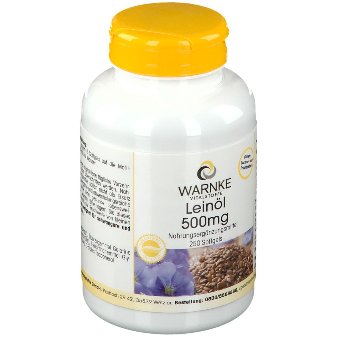 Flacon blanc à bouchon jaune. Inscription: WARNKE Leinöl 500mg. 250 gélules. Image de graines de lin et de fleurs.
