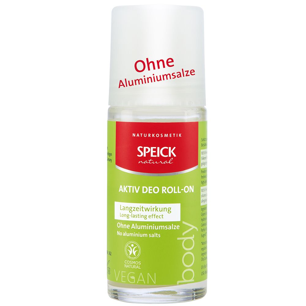 Deo roll-on met witte dop. Rode strook met Speick-logo. Tekst: Zonder aluminiumzouten, Aktiv Deo Roll-on.