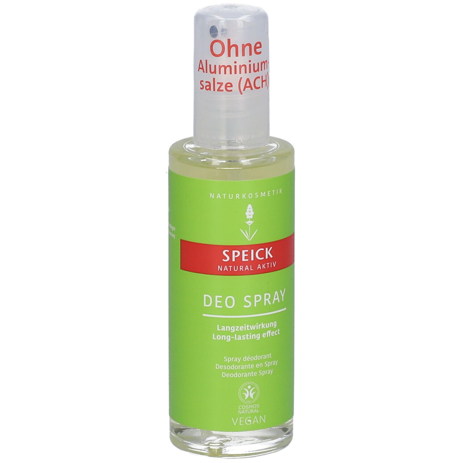 Spray déodorant avec étiquette verte. "Sans sels d'aluminium" en haut. Bande rouge avec "SPEICK NATURAL AKTIV". "DEO SPRAY" en dessous.