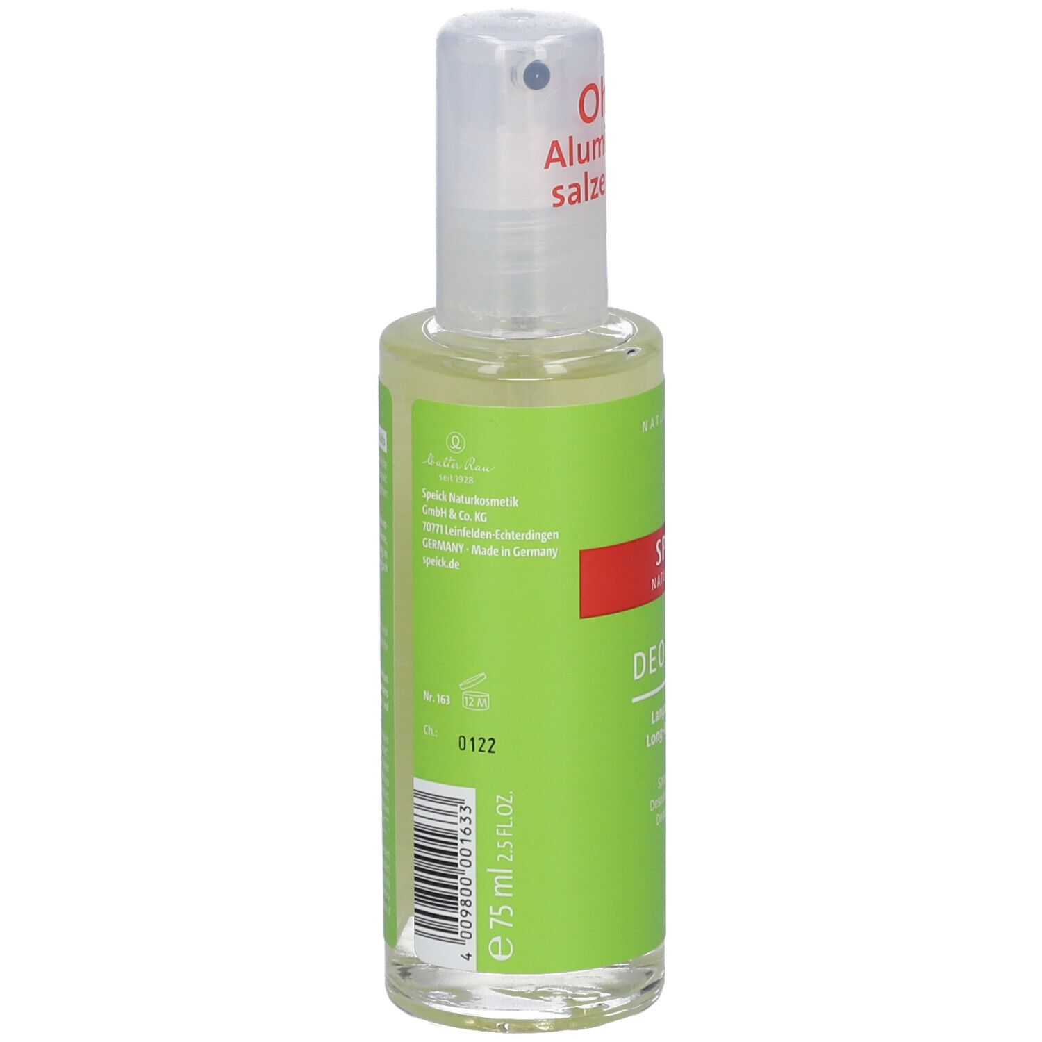 Flacon de spray déodorant, côté étiquette verte. Texte : "SPEICK", "DEO SPRAY", "e 75 ml 2.5 fl.oz". Code-barres et autres informations.