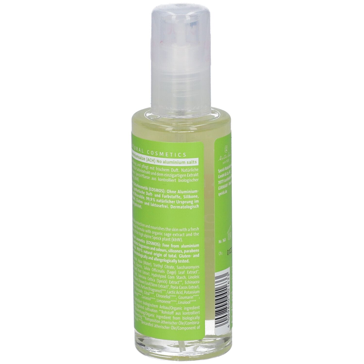 Flacon de spray déodorant, dos avec texte. Contient des informations sur les ingrédients, les certifications et le fabricant.