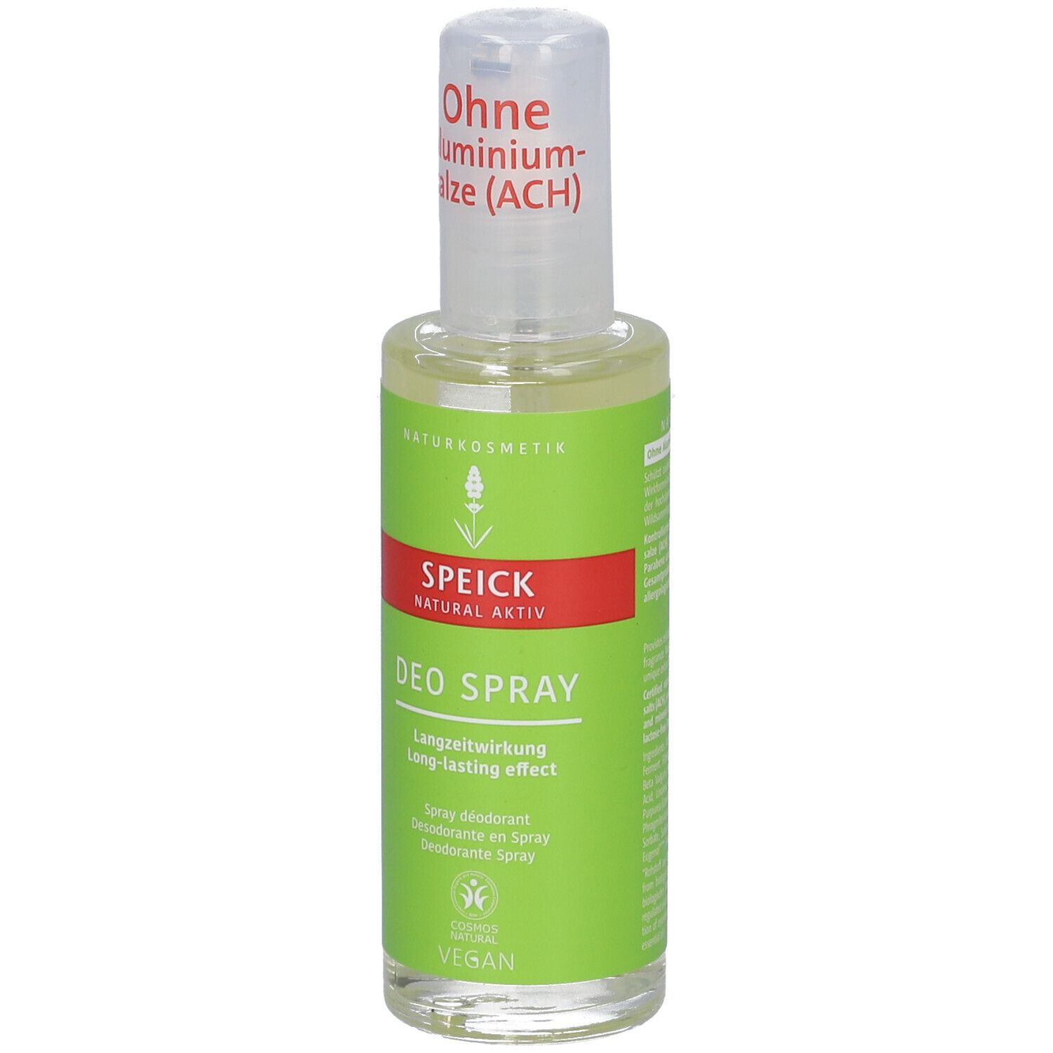 Spray déodorant avec étiquette verte. "Sans sels d'aluminium" en haut. Bande rouge avec "SPEICK NATURAL AKTIV". "DEO SPRAY" en dessous.