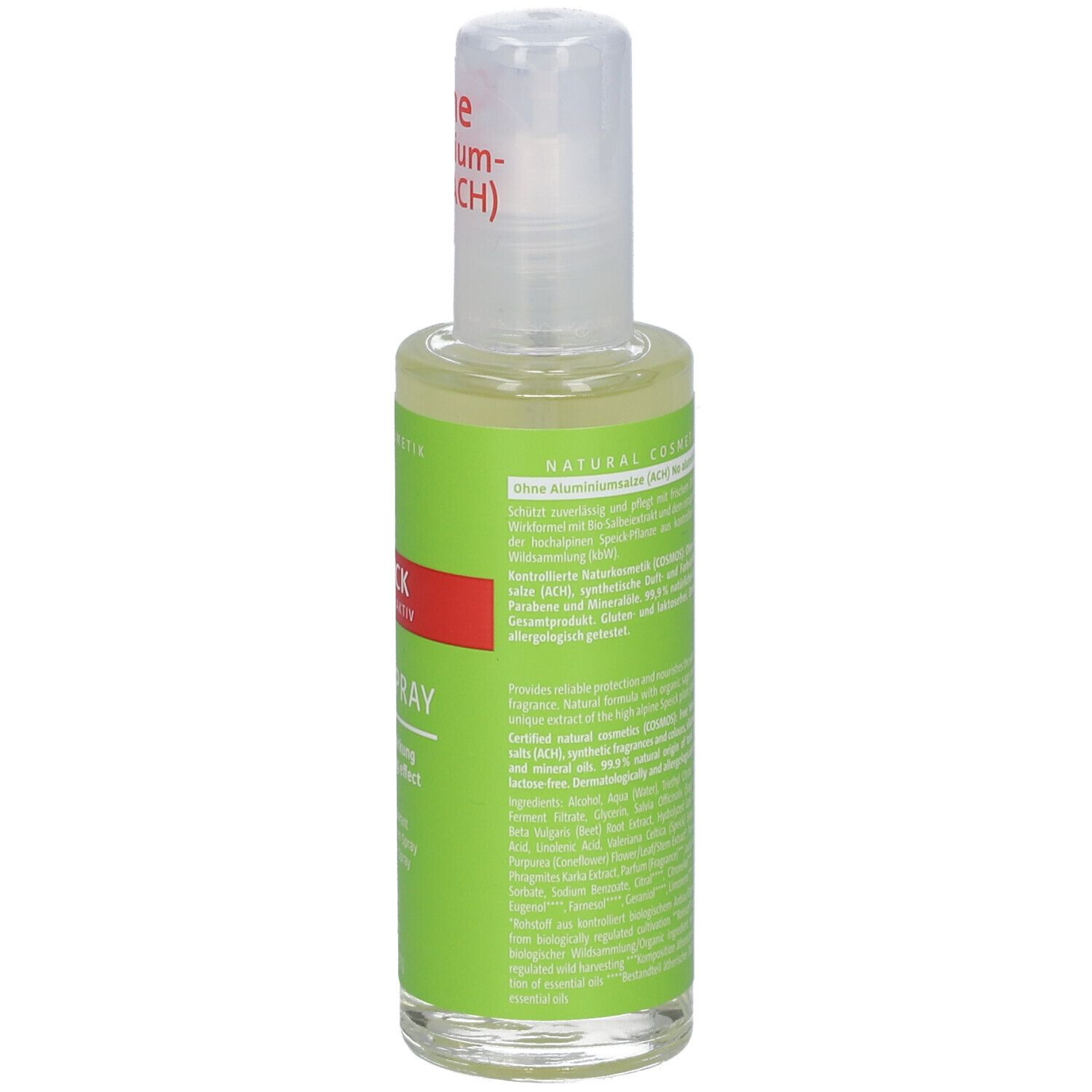 Flacon de spray déodorant, dos avec texte. Contient des informations sur les ingrédients, les certifications et le fabricant.