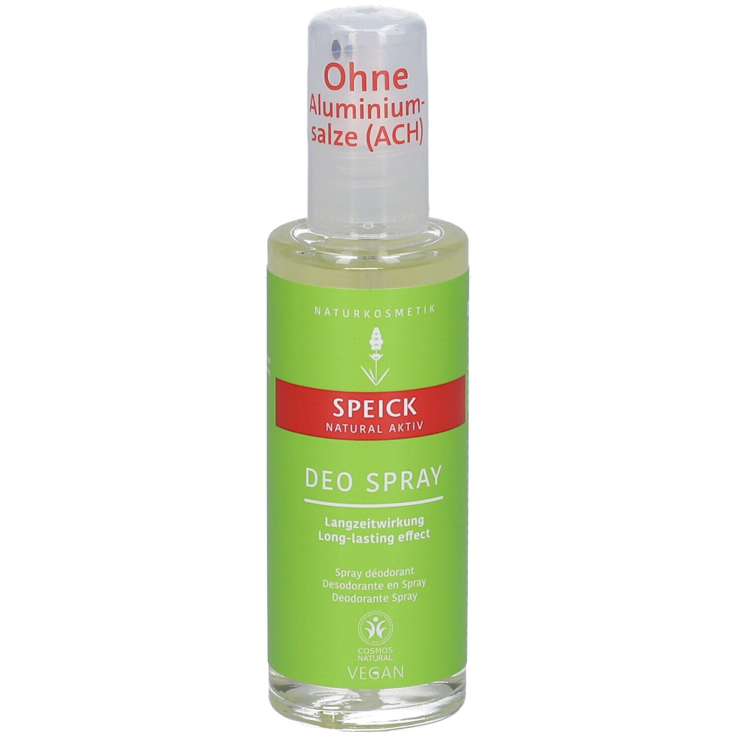 Spray déodorant avec étiquette verte. "Sans sels d'aluminium" en haut. Bande rouge avec "SPEICK NATURAL AKTIV". "DEO SPRAY" en dessous.