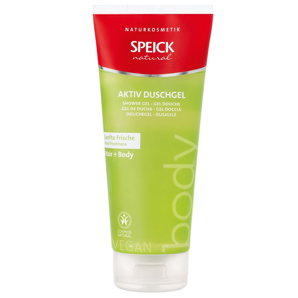 Tube verte avec bande rouge et bouchon blanc. Inscription: SPEICK natural Aktiv Duschgel. Label Vegan.