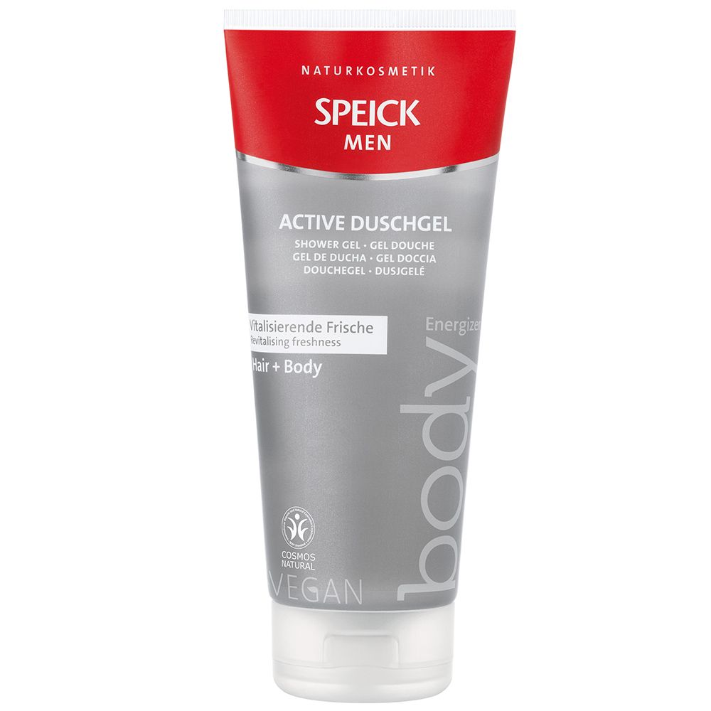 Tube de gel douche SPEICK Men Active. Gris, rouge et blanc. Texte : Naturkosmetik, Vegan, Hair + Body, fraîcheur revitalisante.