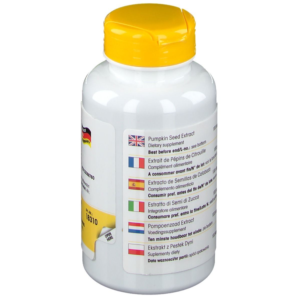 Dos du flacon blanc à bouchon jaune. Informations produit multilingues. Label Made in Germany.