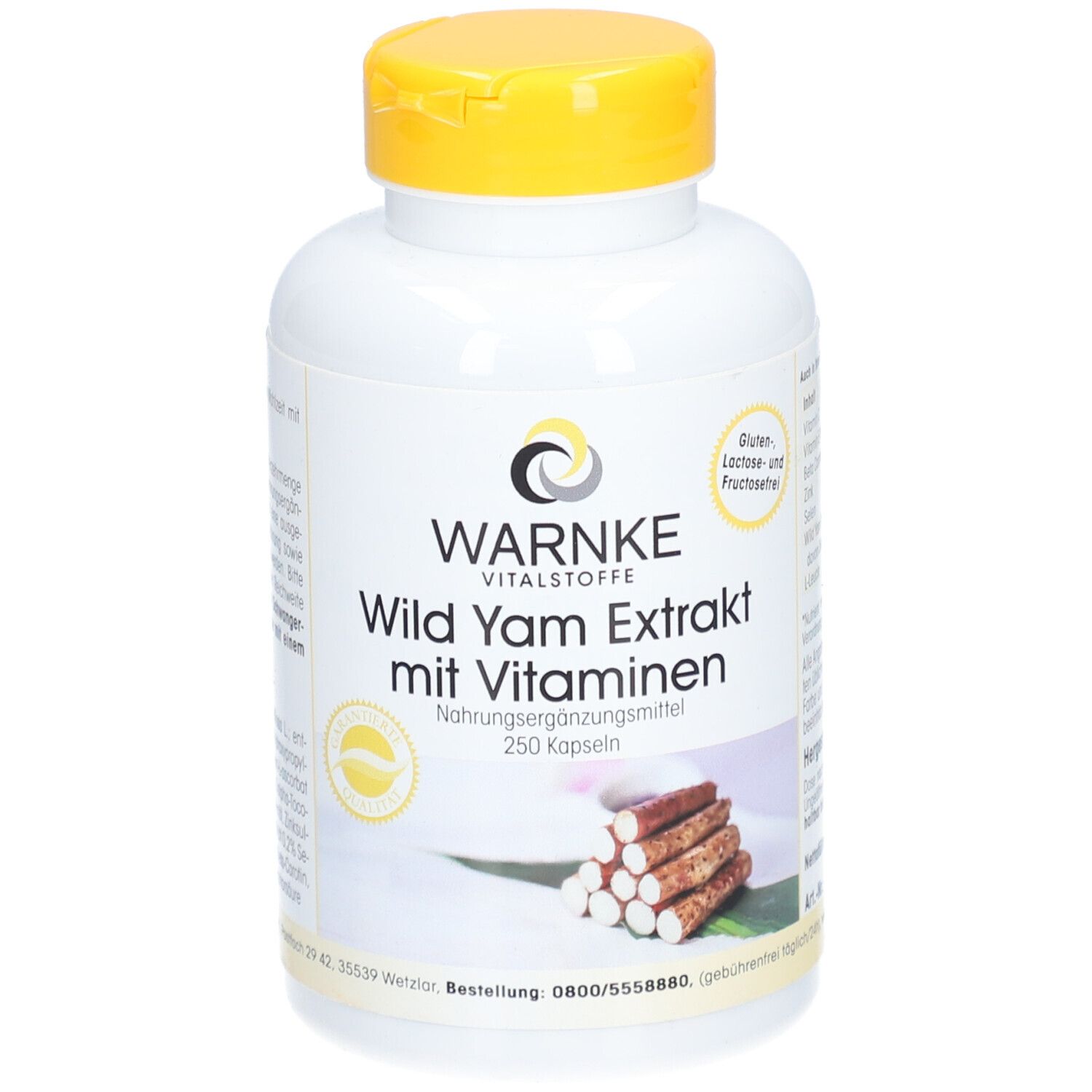 Witte fles met gele dop. Opschrift: WARNKE Wild Yam Extrakt mit Vitaminen. 250 capsules.