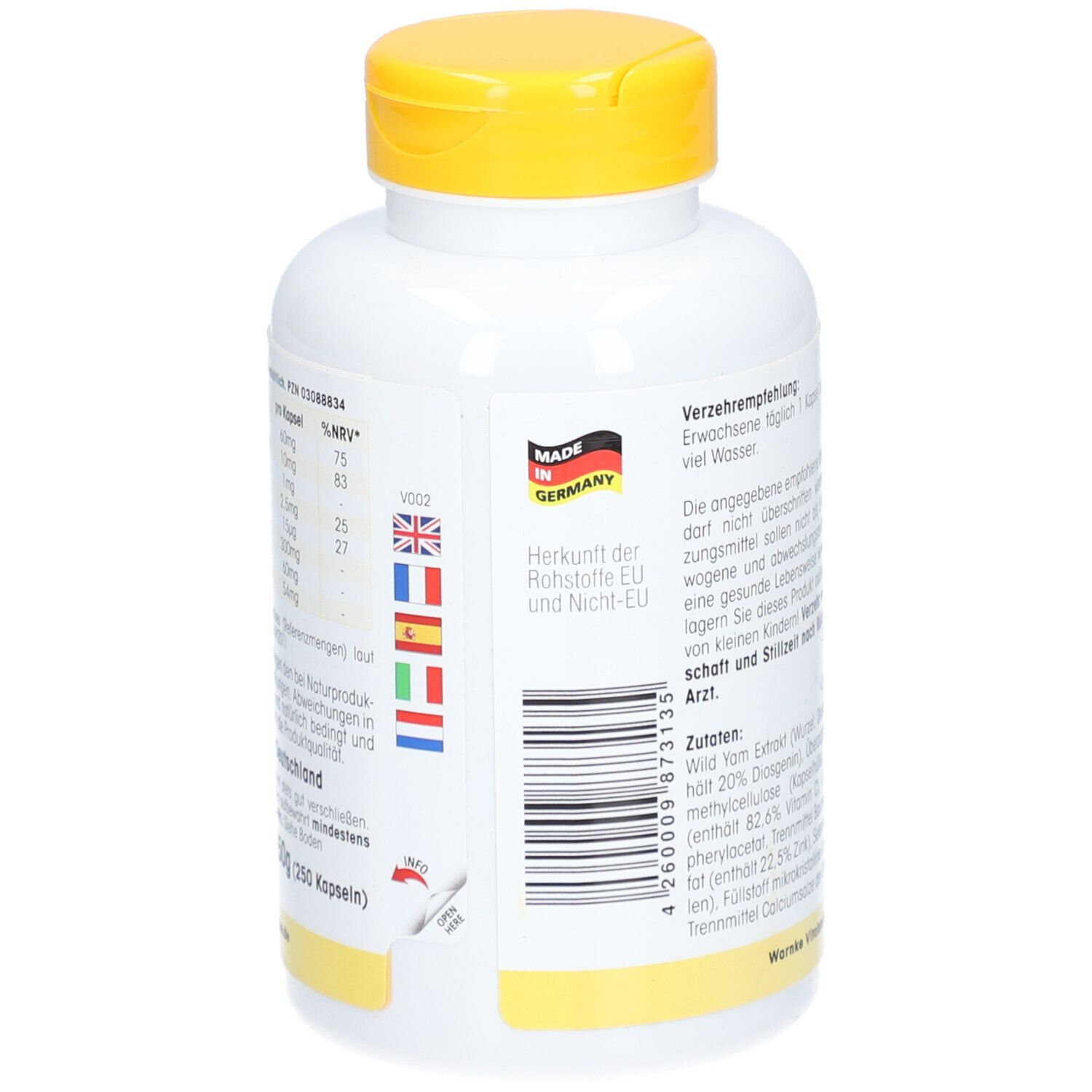 Achterkant van de fles. Tekst, herkomst EU/Niet-EU, Made in Germany. Gele dop.