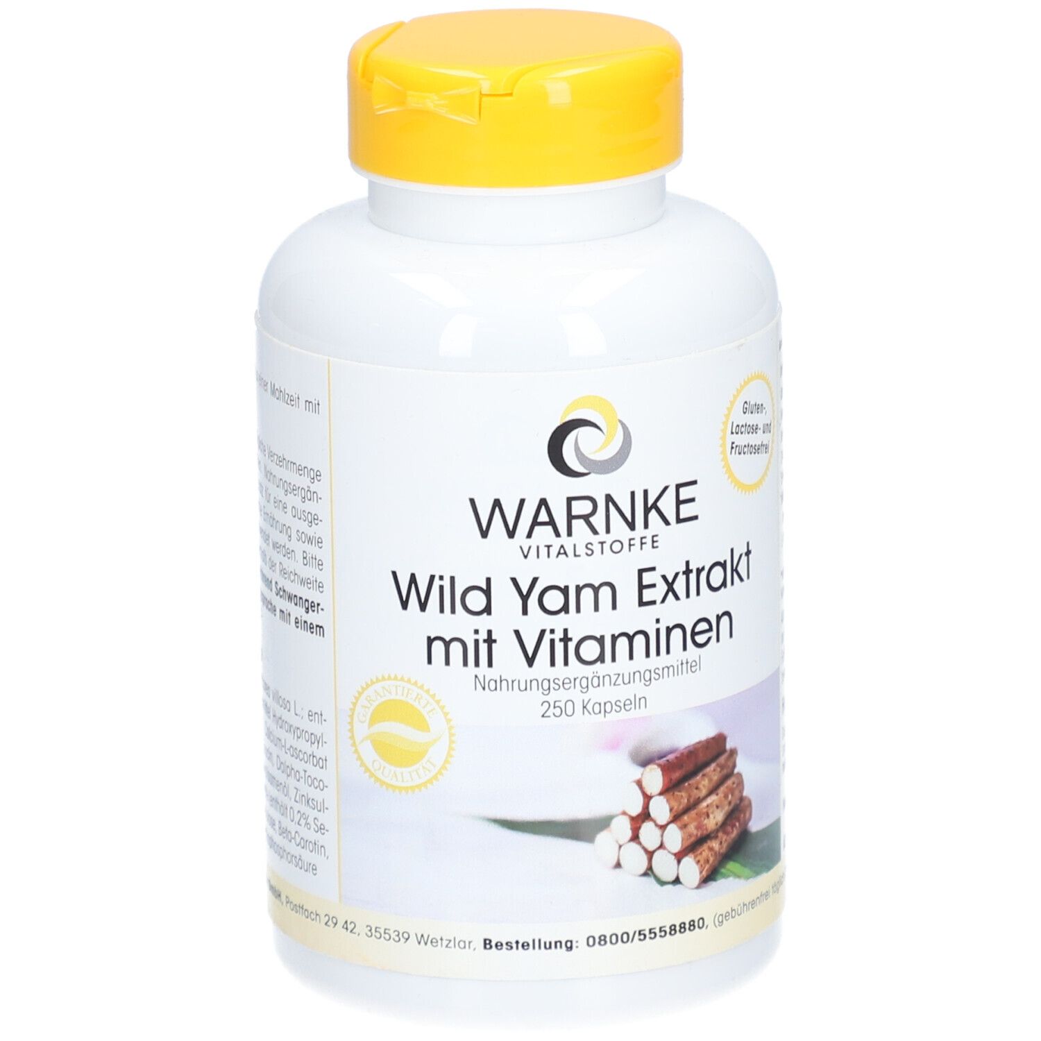 Witte fles met gele dop. Opschrift: WARNKE Wild Yam Extrakt mit Vitaminen. 250 capsules.