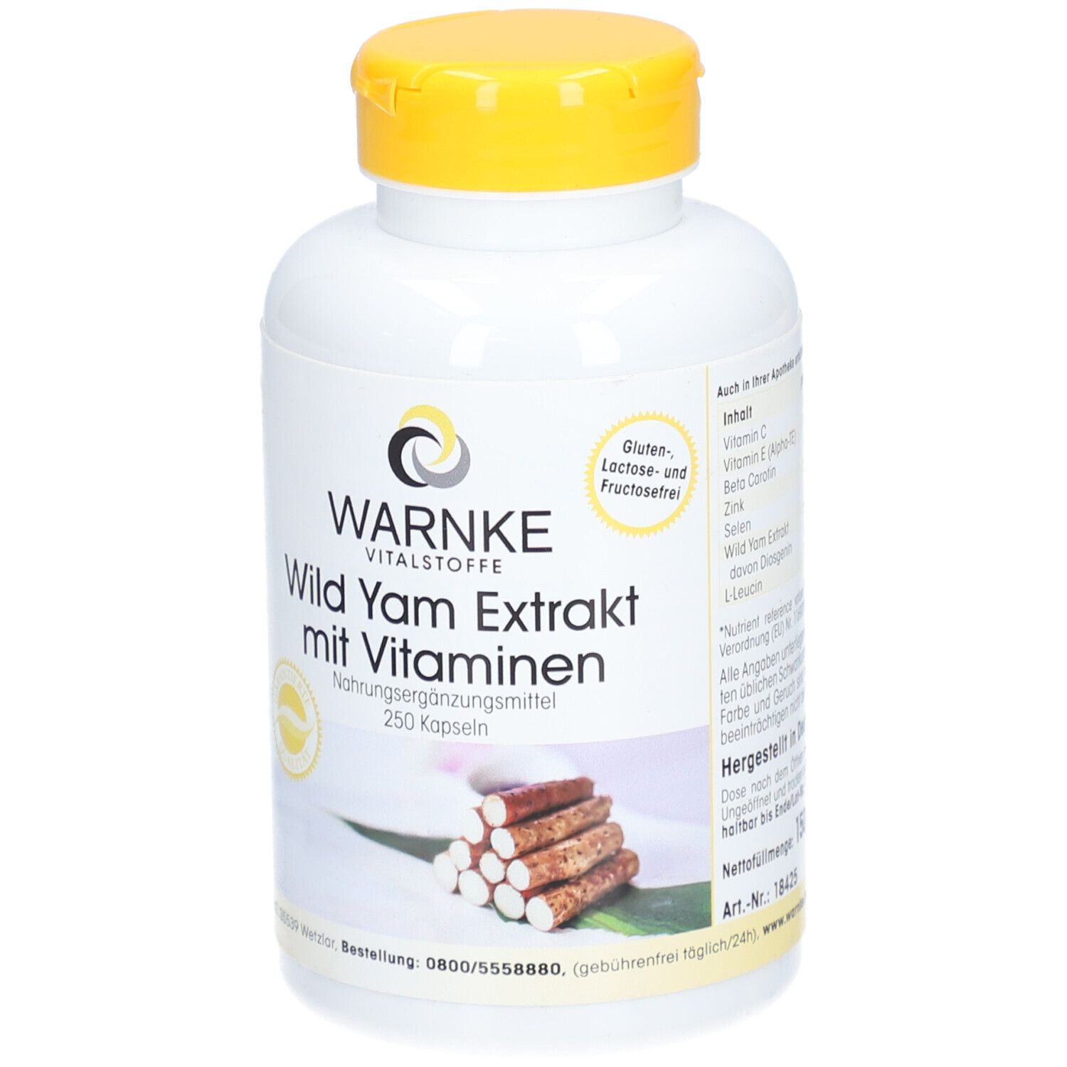 Witte fles met gele dop. Opschrift: WARNKE Wild Yam Extrakt mit Vitaminen. 250 capsules.