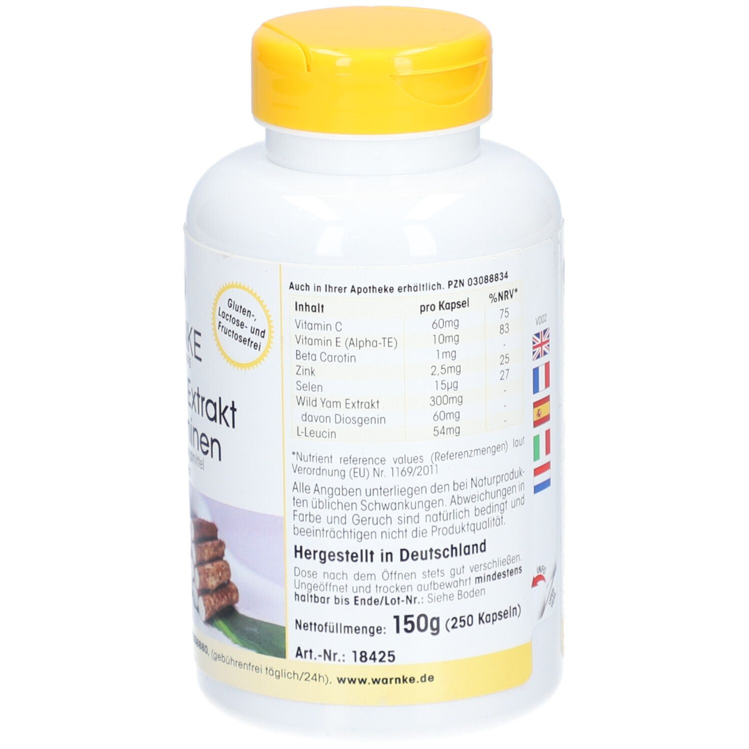 Achterkant van de fles. Ingrediënten, voedingswaarde, Made in Germany. Gele dop.