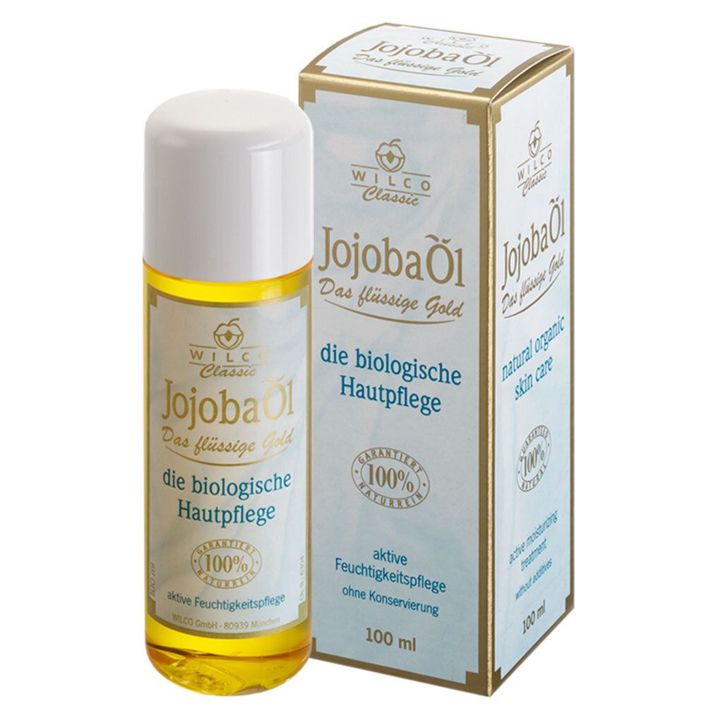 Flacon et boîte de Jojobaöl. Inscription : Jojobaöl, soin biologique de la peau, 100% naturel, 100 ml.