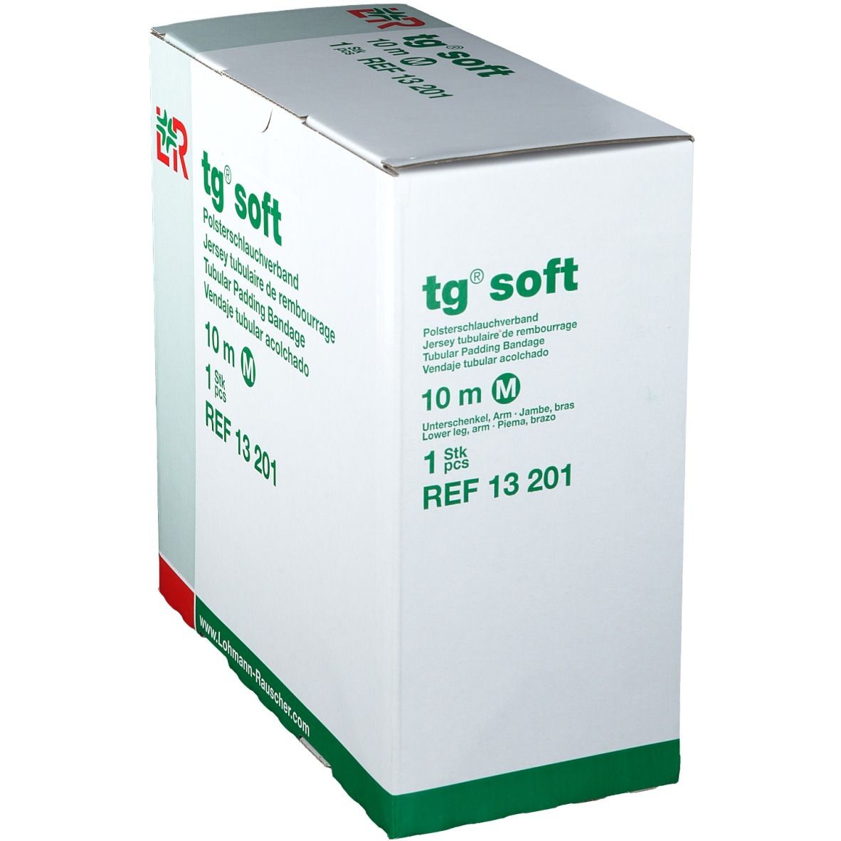 Emballage tg® soft en biais. Bandage tubulaire de rembourrage, 10 m, taille M. Logo et nom du produit.