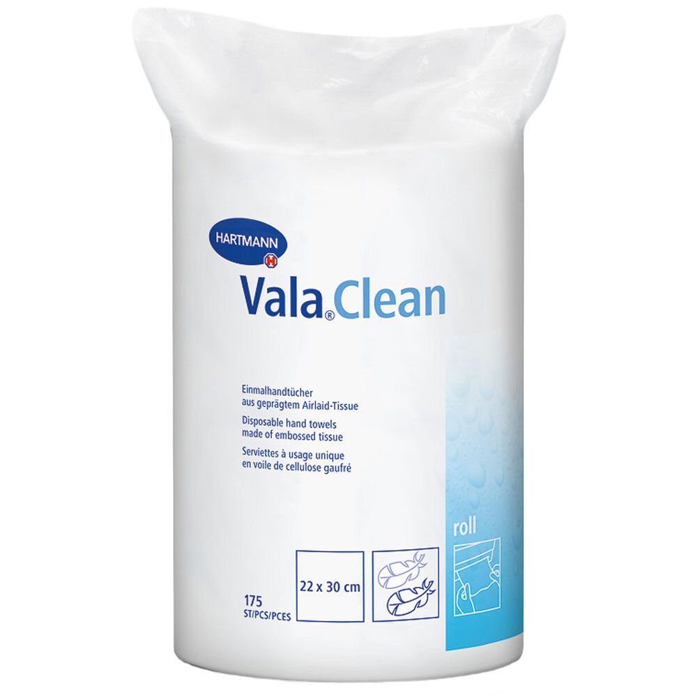 Verpakking met Vala.Clean wegwerphandtowel. 175 stuks, 22 x 30 cm. Merk Hartmann. Bedrukking: Airlaid-Tissue.