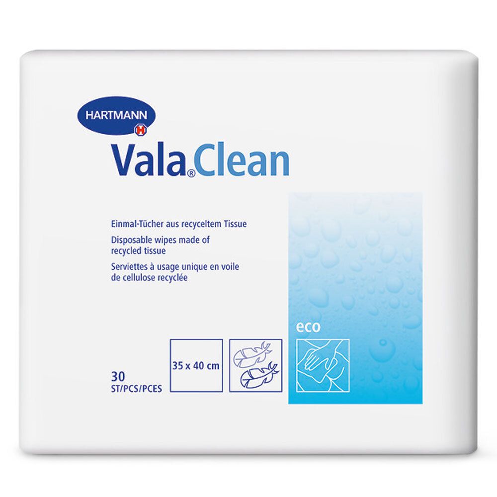 Lingettes Hartmann Vala.Clean jetables en voile de cellulose recyclée, 30 pièces, 35x40 cm.