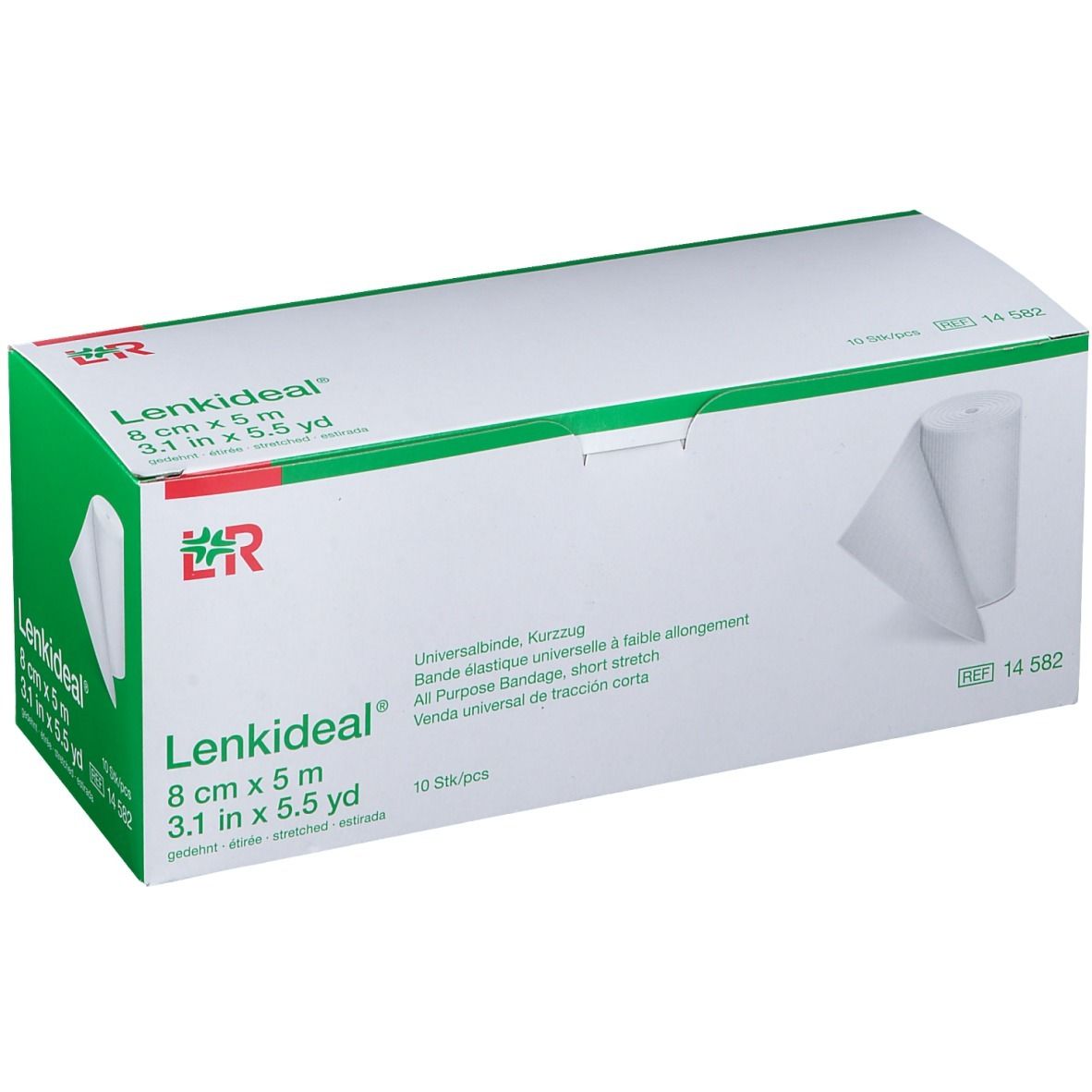 Verpakking van Lenkideal® Idealbinde 8 cm x 5 m. Rol verband zichtbaar. Groen-witte verpakking met productinformatie.