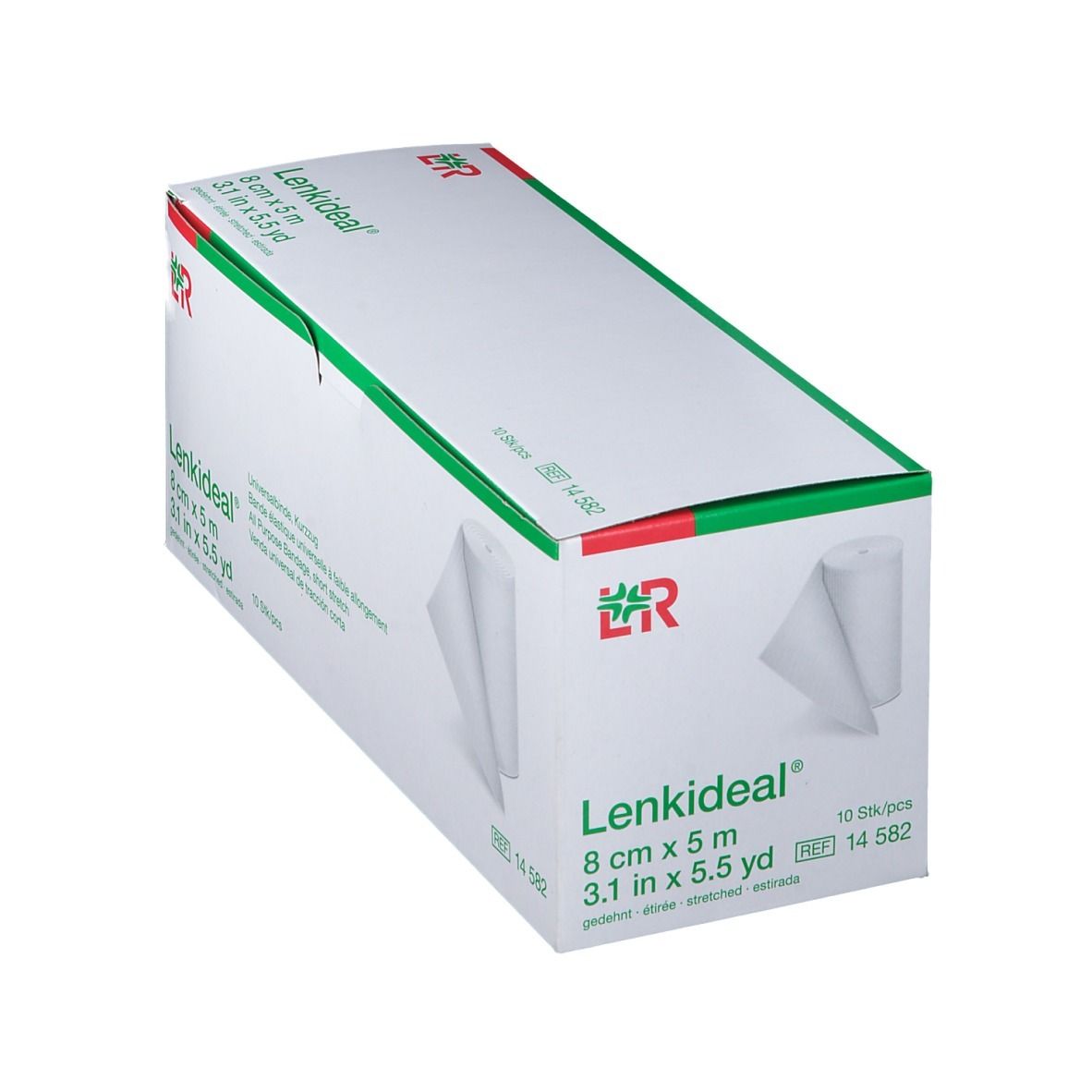 Schuin geplaatste verpakking van Lenkideal® Idealbinde 8 cm x 5 m. Rol verband zichtbaar. Groen-witte verpakking.