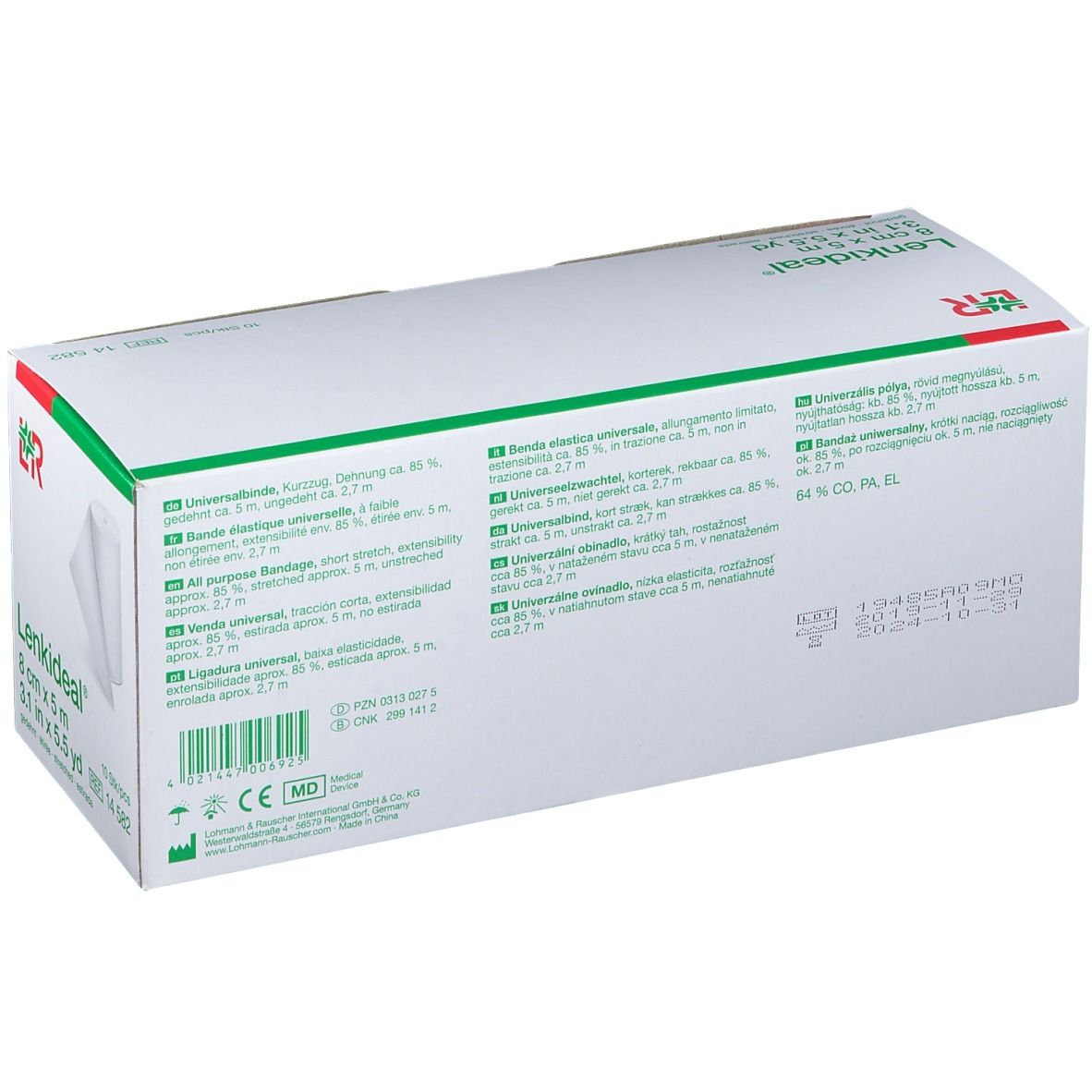 Achterkant van de verpakking van Lenkideal® Idealbinde 8 cm x 5 m. Productinformatie en certificeringen.