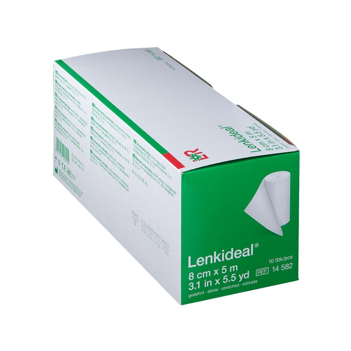 Schuin geplaatste verpakking van Lenkideal® Idealbinde 8 cm x 5 m. Rol verband zichtbaar. Groen-witte verpakking.