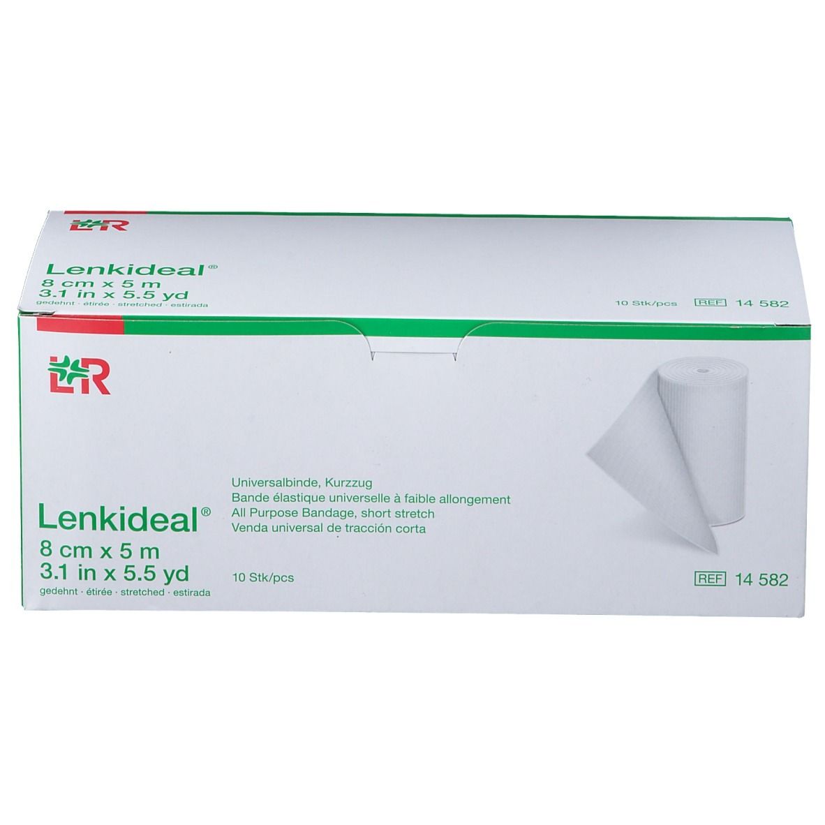 Verpakking van Lenkideal® Idealbinde 8 cm x 5 m. Rol verband zichtbaar. Groen-witte verpakking met productinformatie.