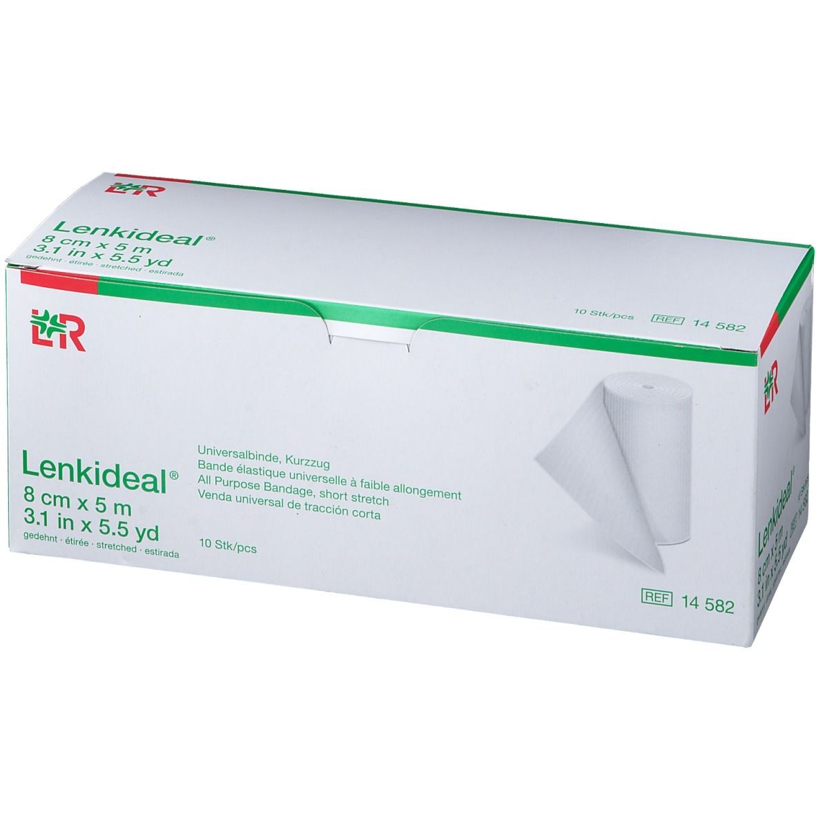 Verpakking van Lenkideal® Idealbinde 8 cm x 5 m. Rol verband zichtbaar. Groen-witte verpakking met productinformatie.
