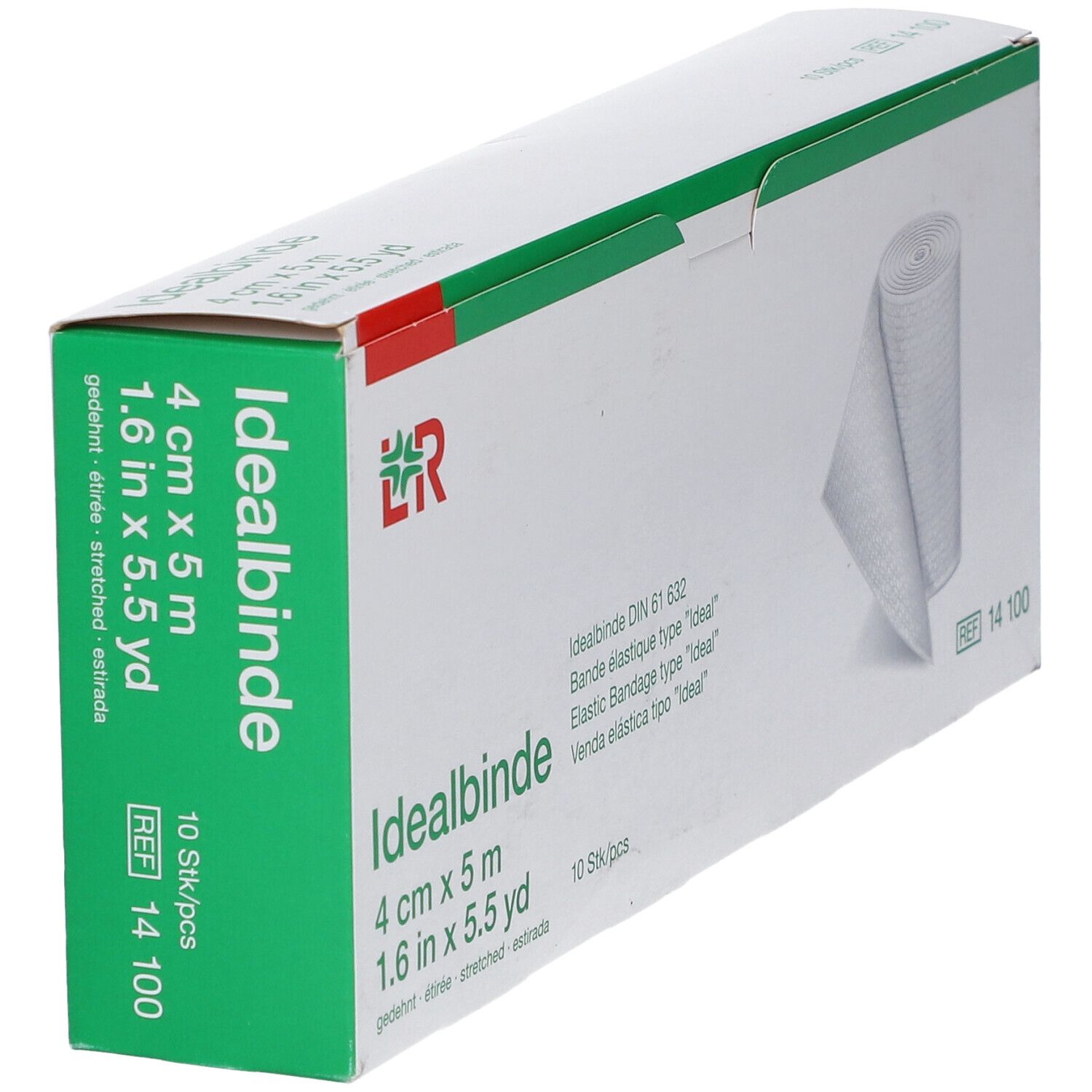 Schuin geplaatste verpakking Idealbinde 4 cm x 5 m. Groene en witte doos met productinformatie en logo.