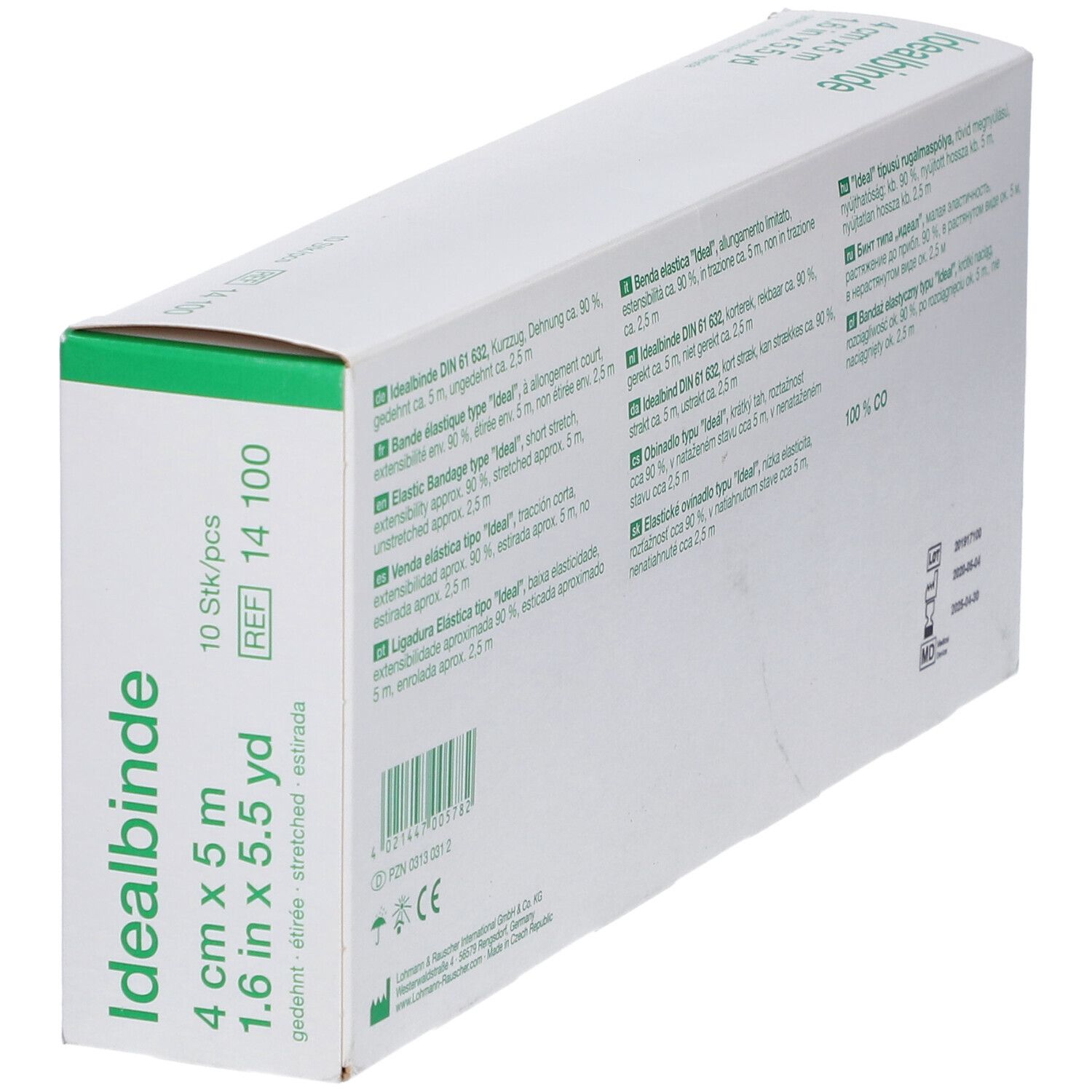 Schuin geplaatste verpakking Idealbinde 4 cm x 5 m. Groene en witte doos met productinformatie en logo.