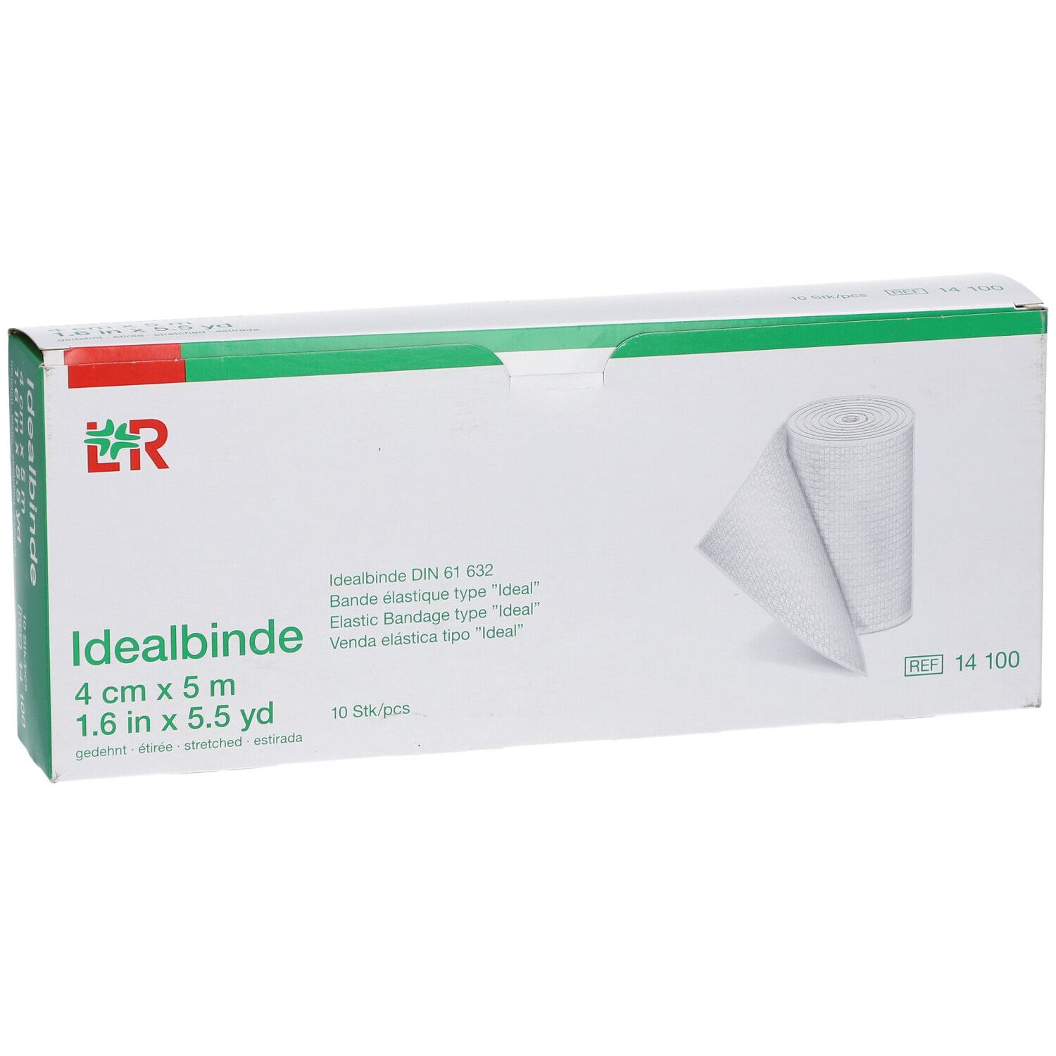 Verpakking Idealbinde 4 cm x 5 m. Witte elastische bandage, 10 stuks. Opschriften: merk, maat, referentie.