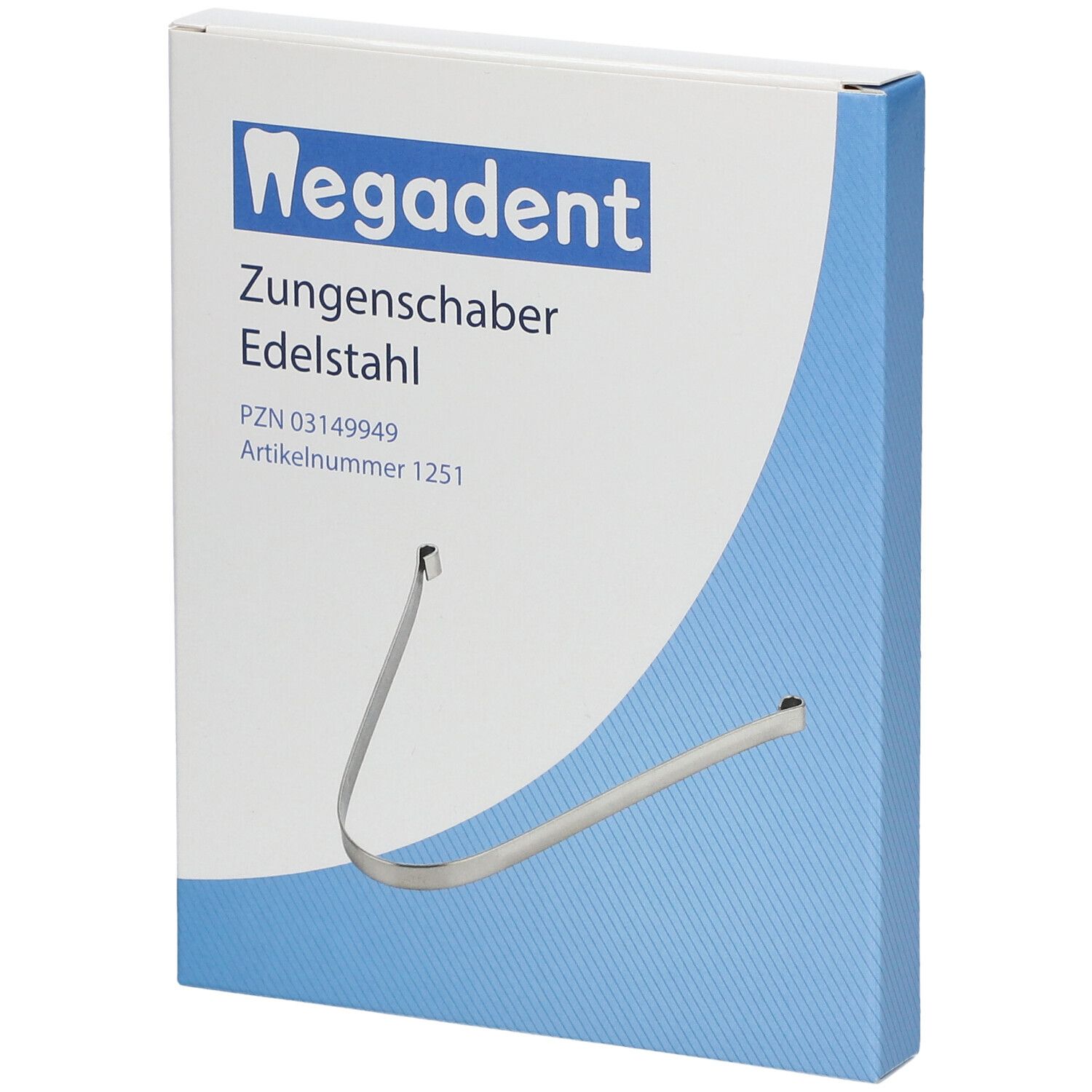 Verpakking met tongschraper van roestvrij staal. Merk: Wegadent. Blauw-witte doos met productafbeelding.