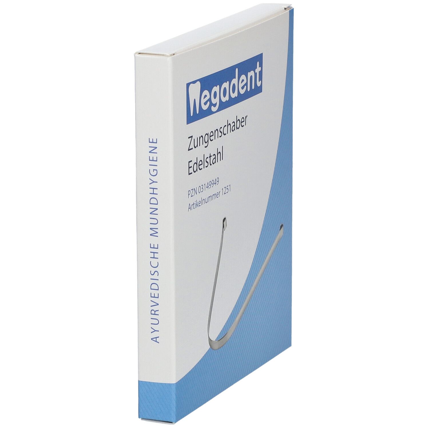 Verpakking met tongschraper. Merk: Wegadent. Opschrift: Ayurvedische mondhygiëne. Doos in schuine weergave.