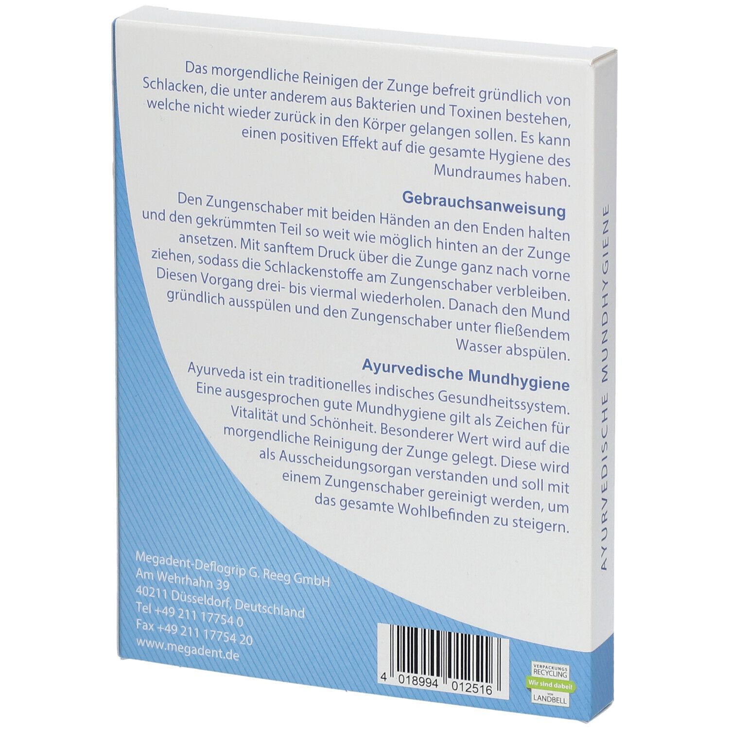 Achterkant van de verpakking met tekst. Beschrijvingen van gebruik en ayurvedische mondhygiëne. Adres van de fabrikant.