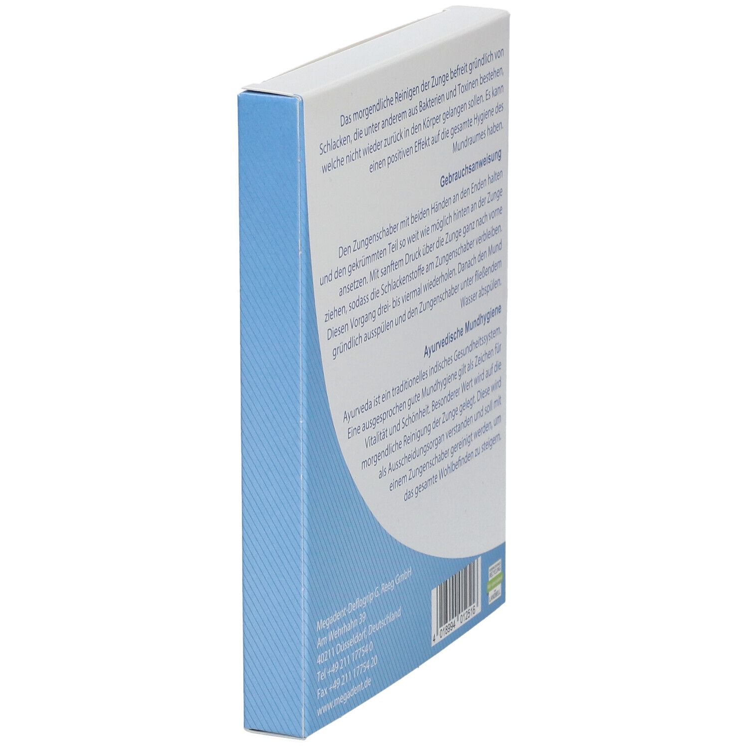 Zijaanzicht van de verpakking met tekst. Beschrijvingen van gebruik en ayurvedische mondhygiëne. Blauwe strepen.
