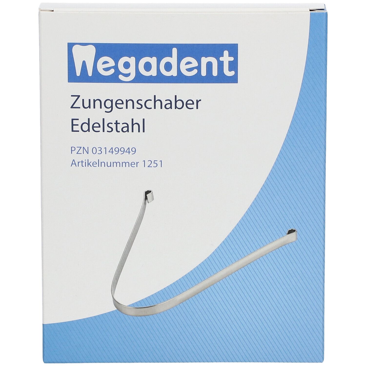 Verpakking met tongschraper van roestvrij staal. Merk: Wegadent. Blauw-witte doos met productafbeelding.
