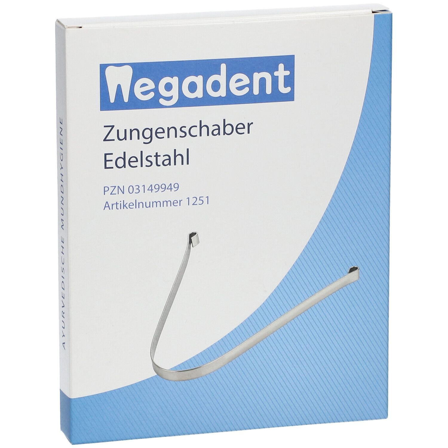 Verpakking met tongschraper van roestvrij staal. Merk: Wegadent. Blauw-witte doos met productafbeelding.