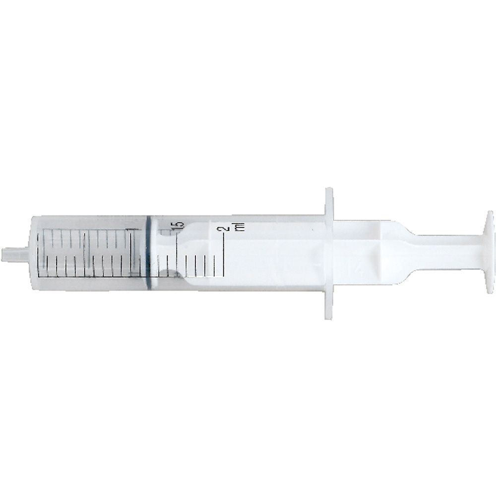 Transparante wegwerpspuit met zwarte schaalverdeling. Volume: 2 ml. Met zuiger en Luer-aansluiting.