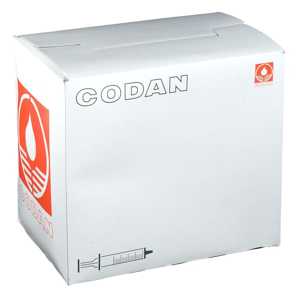 Boîte blanche avec logo CODAN et symbole de seringue. Impression CODAN.