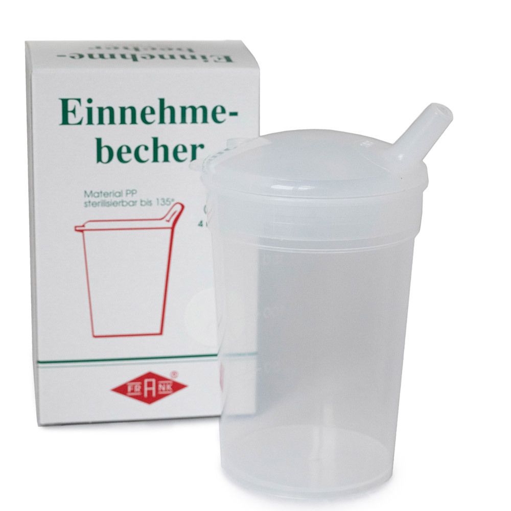 Gobelet avec couvercle et paille, à côté de l'emballage. Matériau PP, stérilisable jusqu'à 135°C. Logo FRANK®.