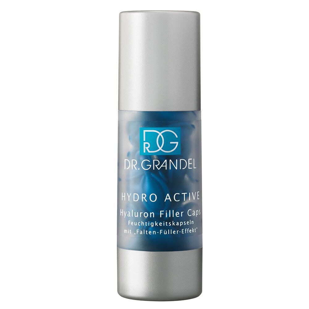Flacon cylindrique avec capsules bleues. Inscription: DR. GRANDEL, HYDRO ACTIVE, Hyaluron Filler Caps.