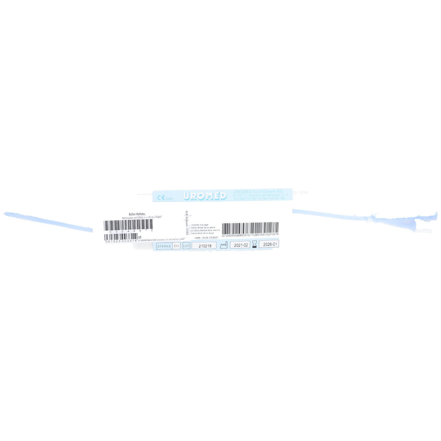 Uromed siliconen katheter Nelaton Ch 12 in steriele verpakking. Productinformatie en barcode zichtbaar. Blauwe zegel.