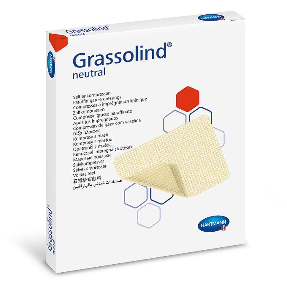 Verpakking Grassolind® neutral zalfkompressen. Kompressen 5x5 cm. Merk Hartmann.