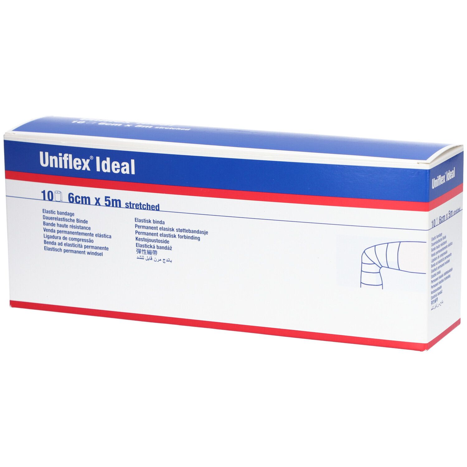 Boîte Uniflex® Ideal. Boîte blanche et bleue avec nom du produit et taille : 10, 6cm x 5m étiré.
