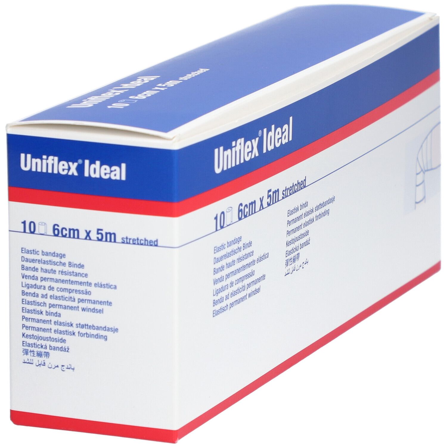 Boîte Uniflex® Ideal. Emballage bleu et blanc avec nom du produit et taille : 10, 6cm x 5m étiré.