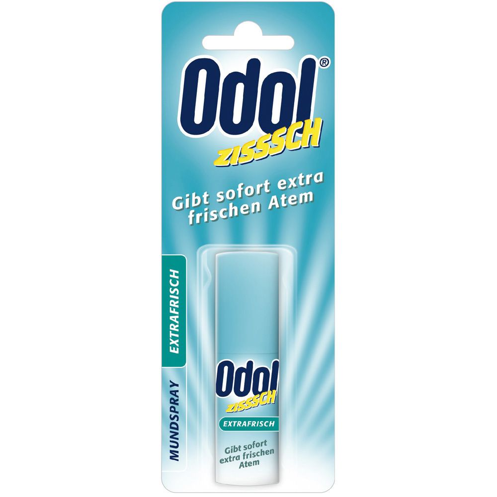 Odol ExtraFrisch mondspray in blisterverpakking. Turquoise fles met witte tekst. Productnaam en 'ExtraFrisch' duidelijk zichtbaar.