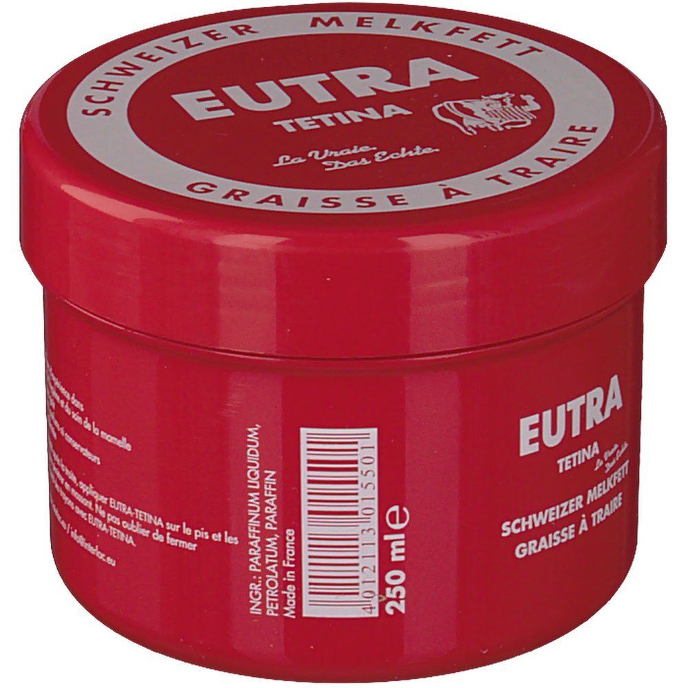 Rode pot met witte deksel. Opschrift: Eutra Tetina, Zwitserse Melkfett, Graisse à Traire. 250 ml.