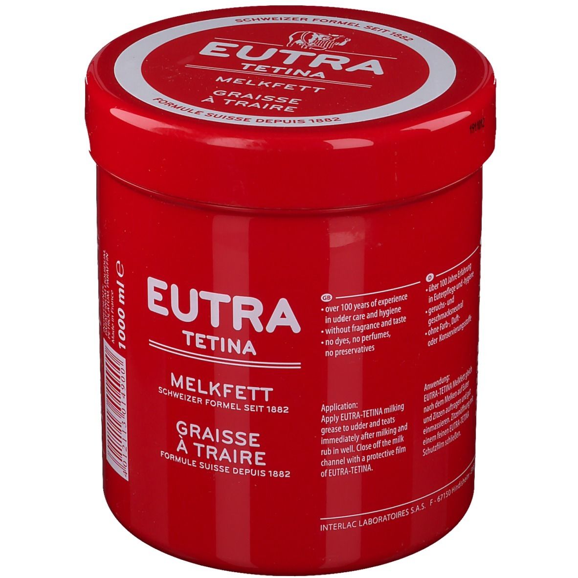 Rode pot met witte deksel. Opschrift: Eutra Tetina Melkfett. Zwitserse formule sinds 1882. Graisse à traire. 1000 ml.