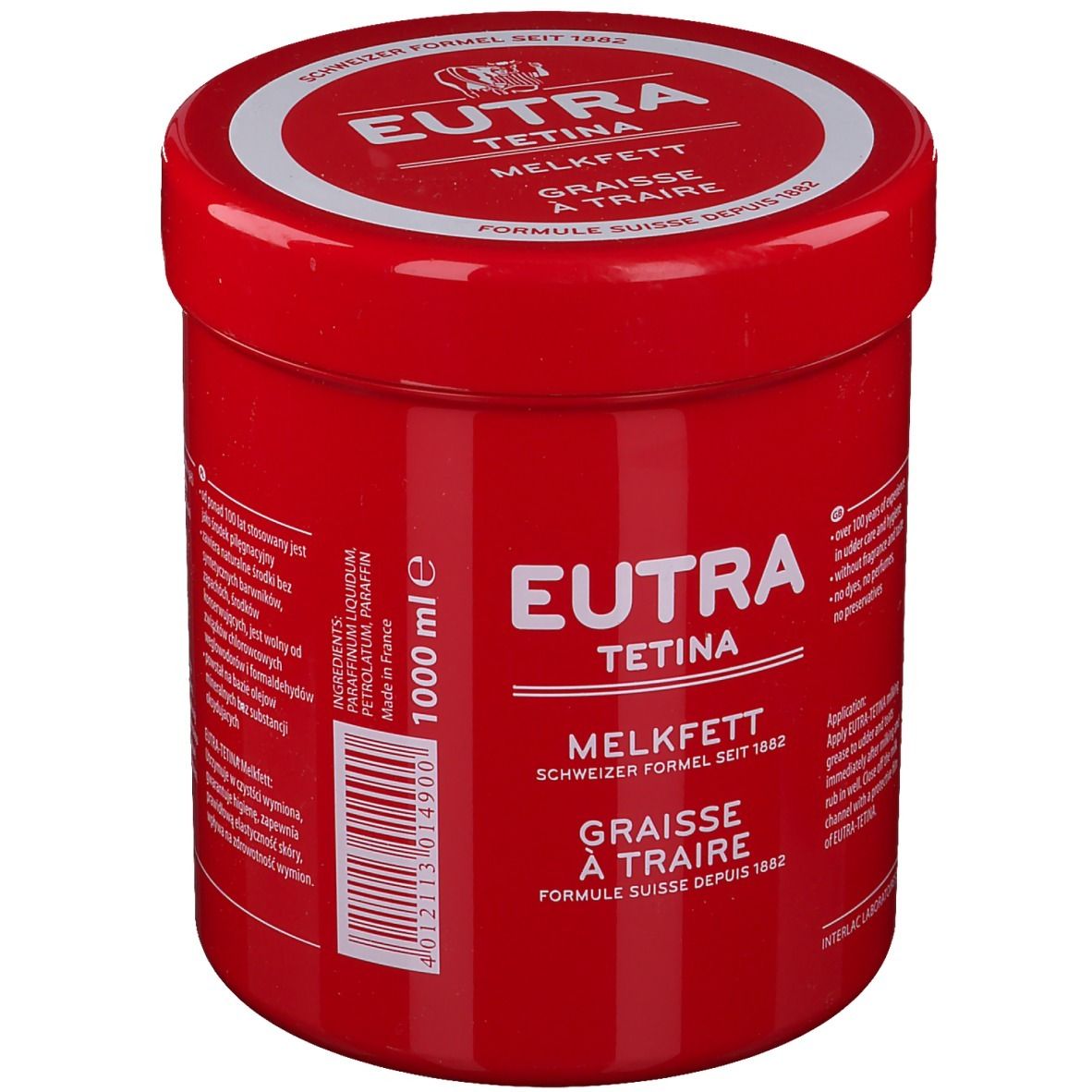 Rode pot met witte deksel. Opschrift: Eutra Tetina Melkfett. Zwitserse formule sinds 1882. Graisse à traire. 1000 ml.
