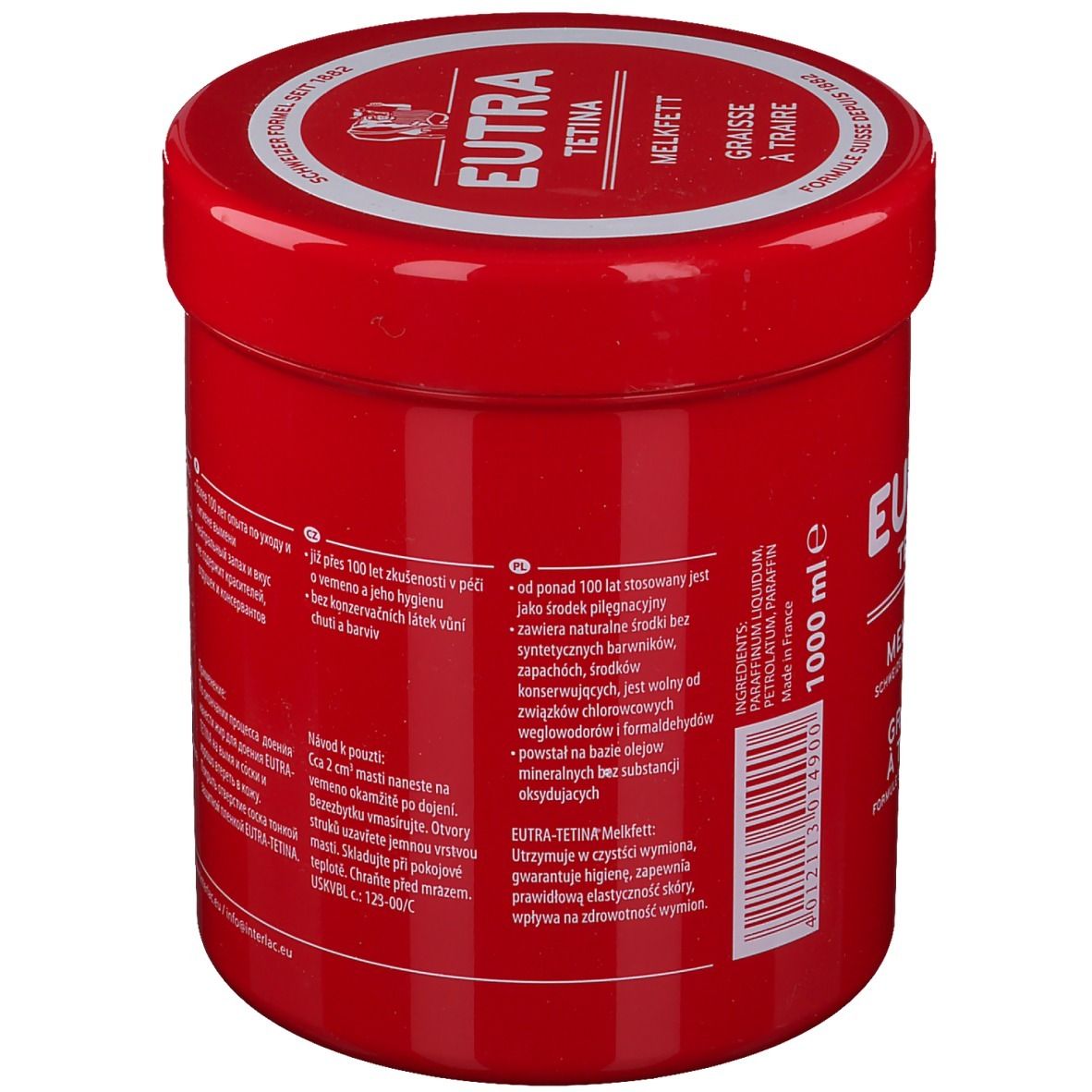 Rode pot met witte deksel. Tekst op achterkant: Ingrediënten, gebruiksaanwijzing, waarschuwingen. 1000 ml.
