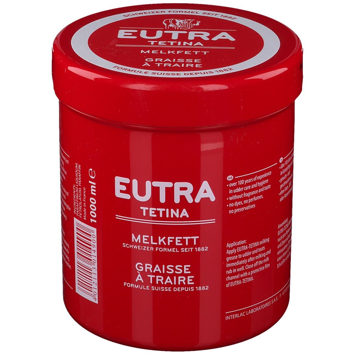 Rode pot met witte deksel. Opschrift: Eutra Tetina Melkfett. Zwitserse formule sinds 1882. Graisse à traire. 1000 ml.