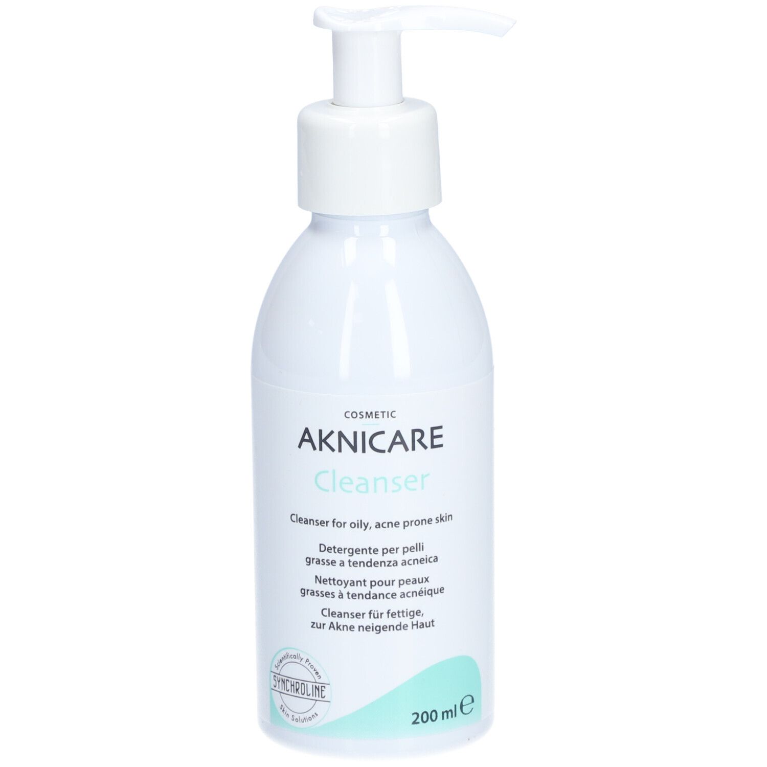 Flacon blanc AKNICARE Cleanser avec pompe. Texte: Nettoyant pour peaux grasses à tendance acnéique. 200 ml.